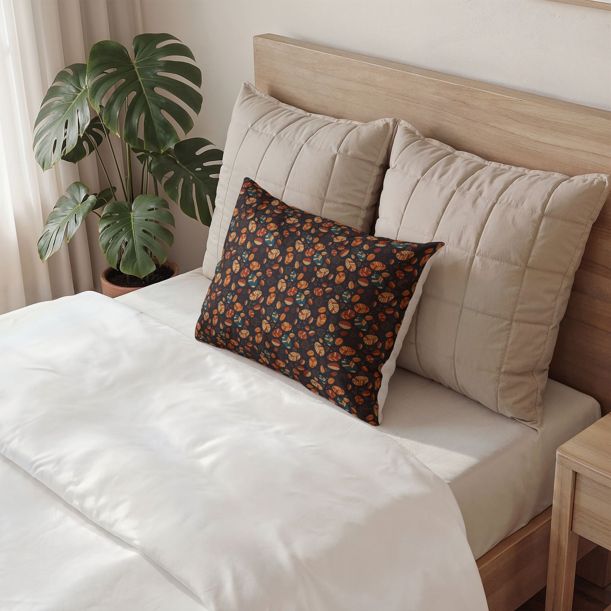 Bed with beige pillows and a brown pillow, next to a plant in a room.