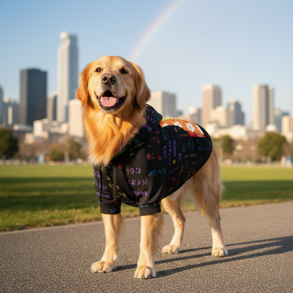 Dog wearing a colorful coat with a cityscape and rainbow in the background