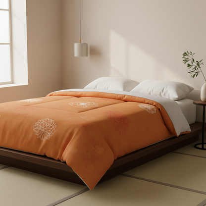 KAITO1977 Marigold Bloom patterned brushed microfiber comforter featuring a vibrant golden floral design with a soft white underside and double-square quilting.