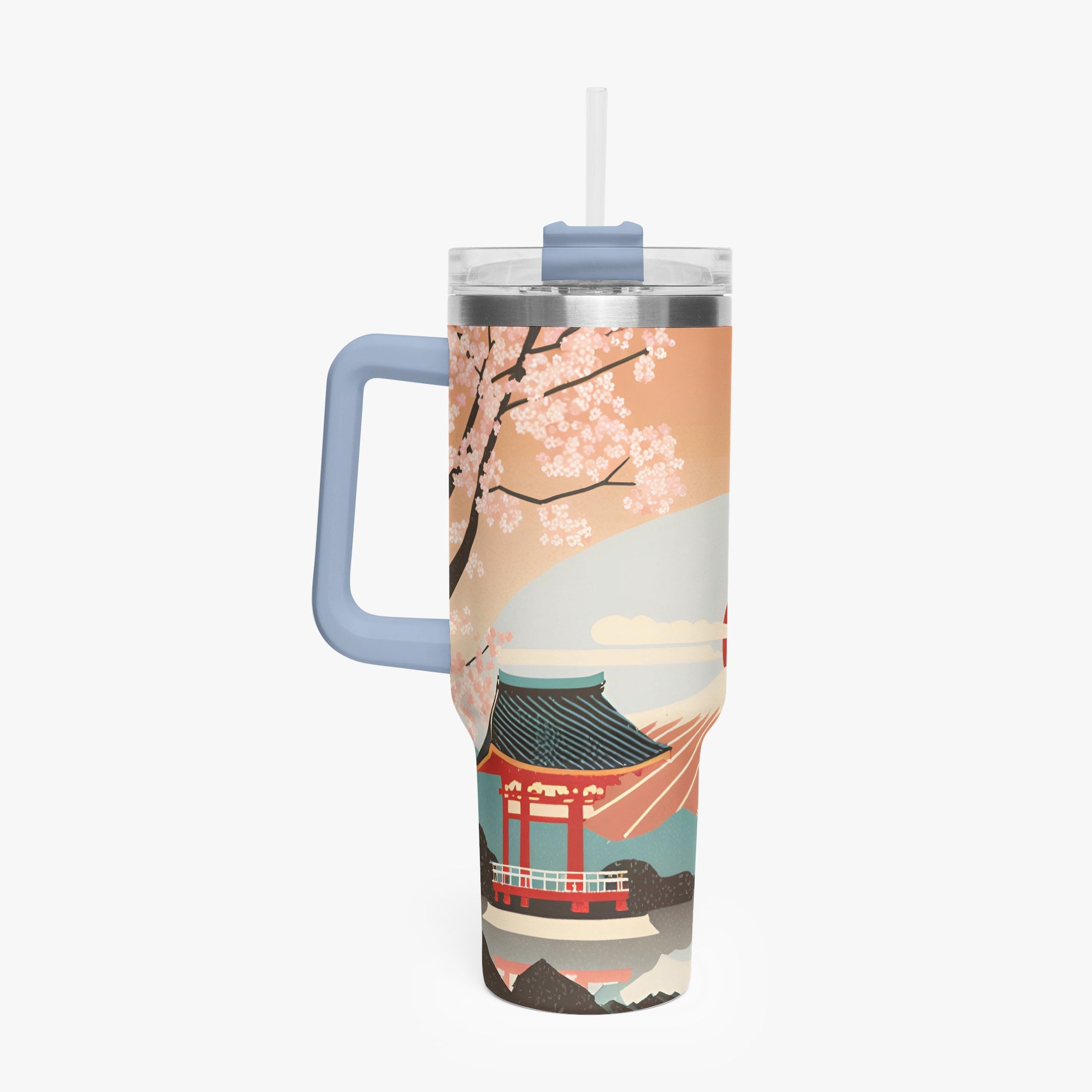 Sunrise Temple Car Tumbler Cup light blue Handle