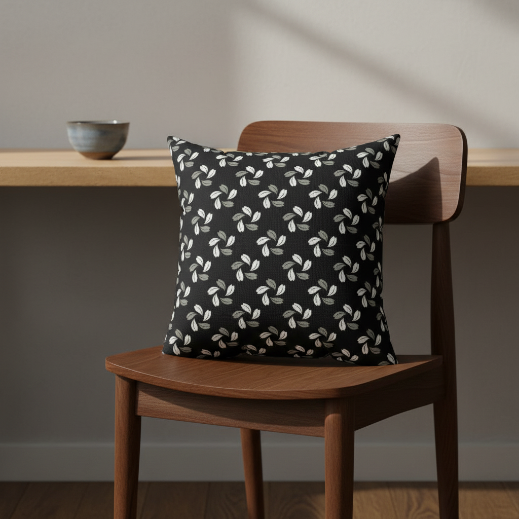 Decorative pillow with leaf pattern on a wooden chair against a neutral wall.