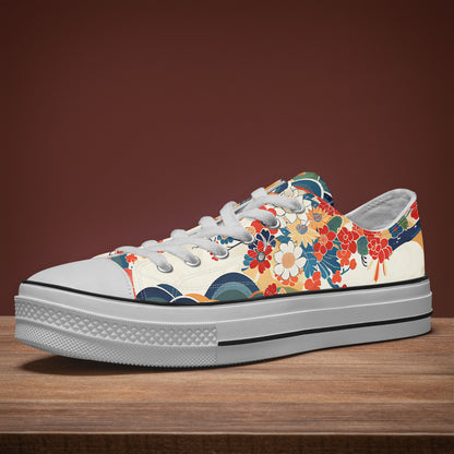 Colorful floral-patterned sneaker on a wooden surface with a brown background