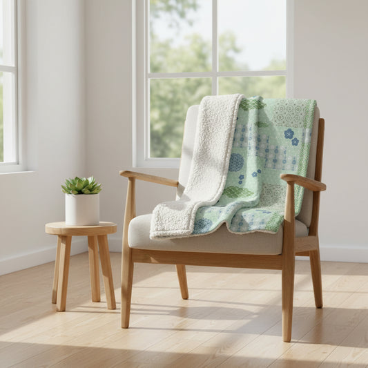 Patchwork blanket with geometric and floral patterns on a light green background
