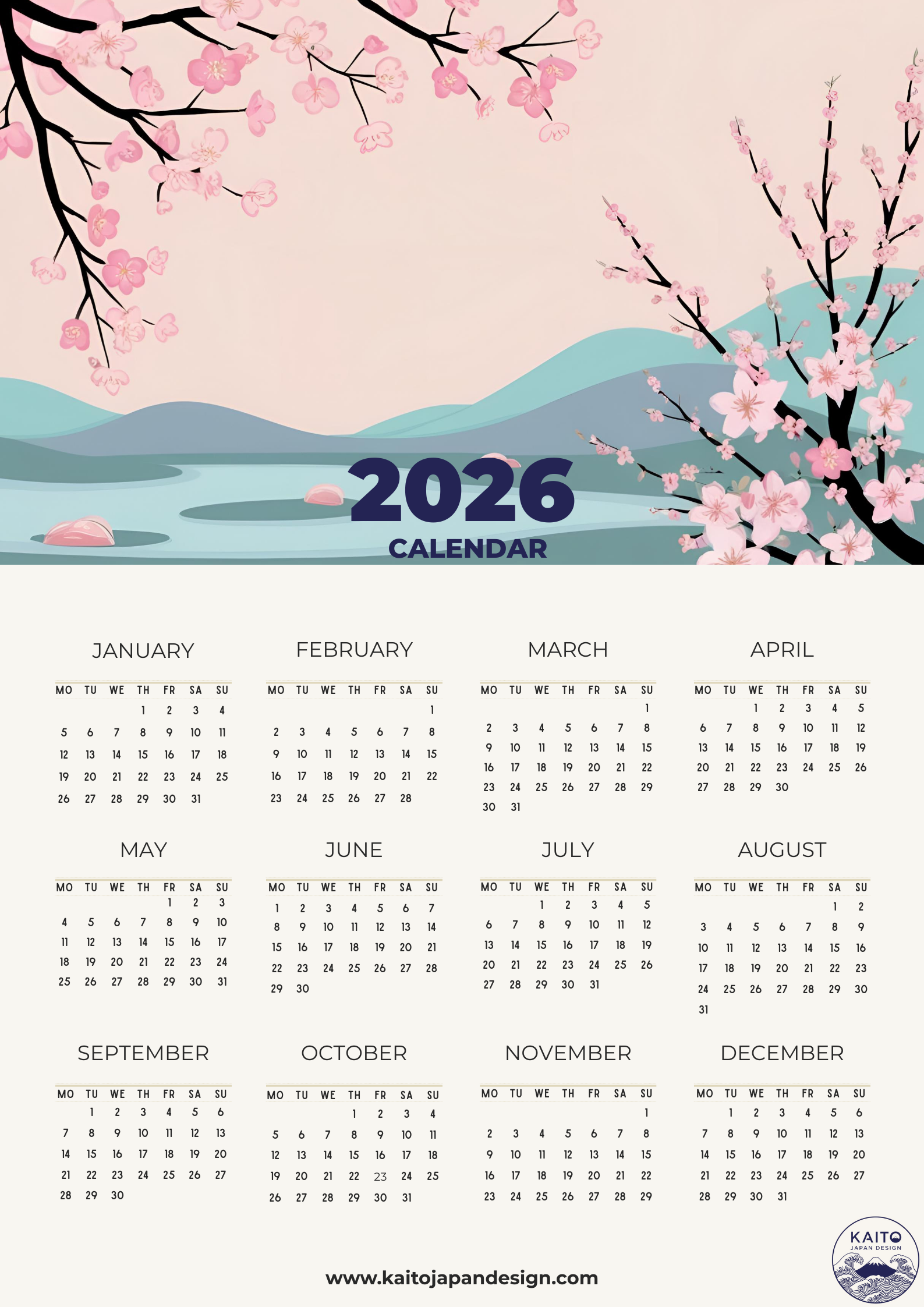 Calendar for 2026 with cherry blossom design on a light pink background