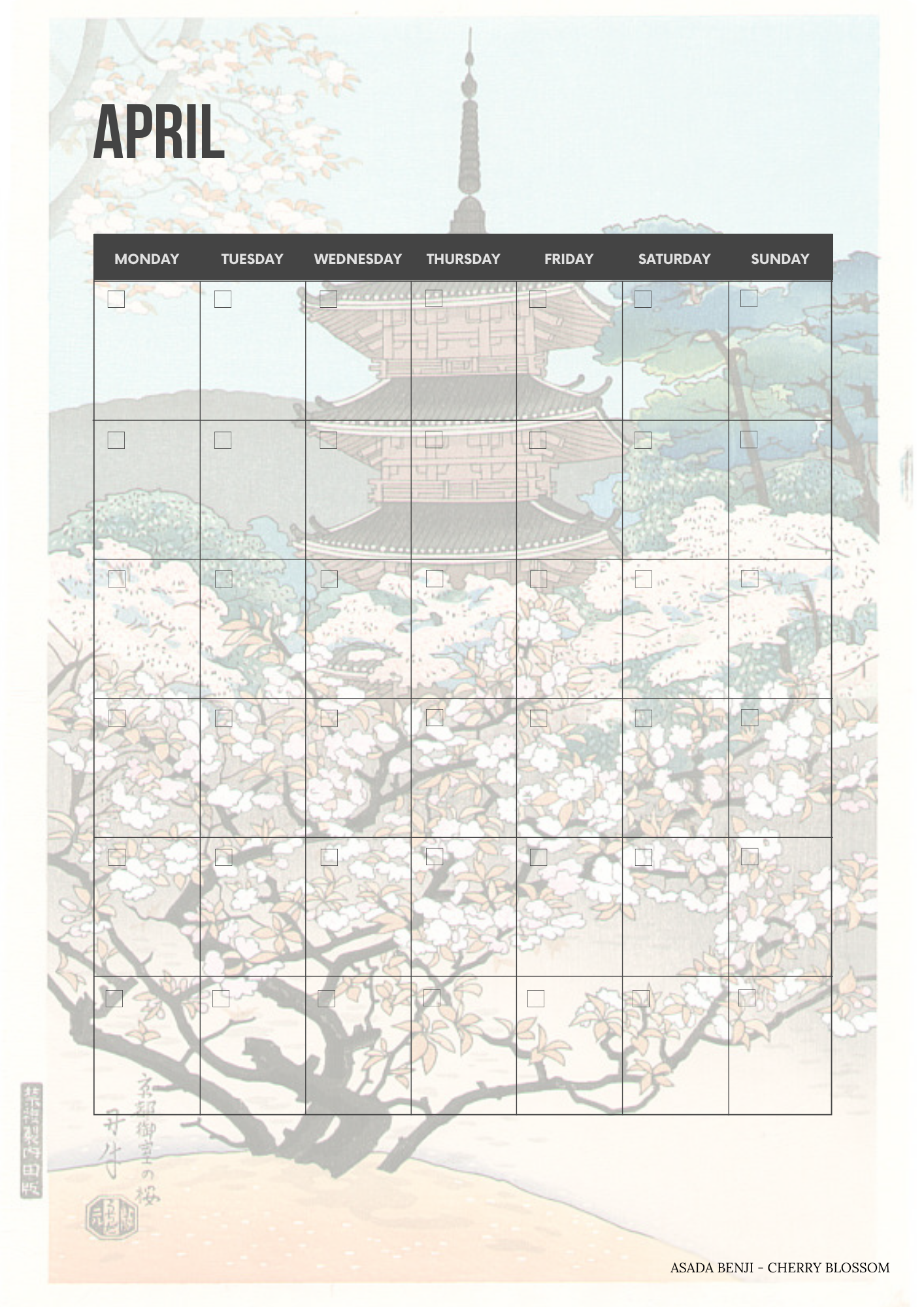 April calendar with cherry blossom design and temple in the background. Printable monthly calendar page featuring a classic Ukiyo-e Japanese woodblock print background.