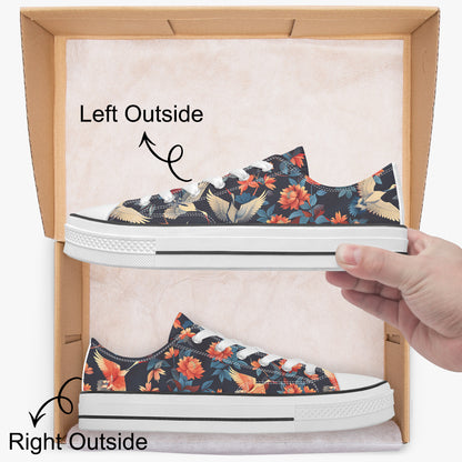 Floral-patterned sneakers in a box with labels indicating left and right sides.
