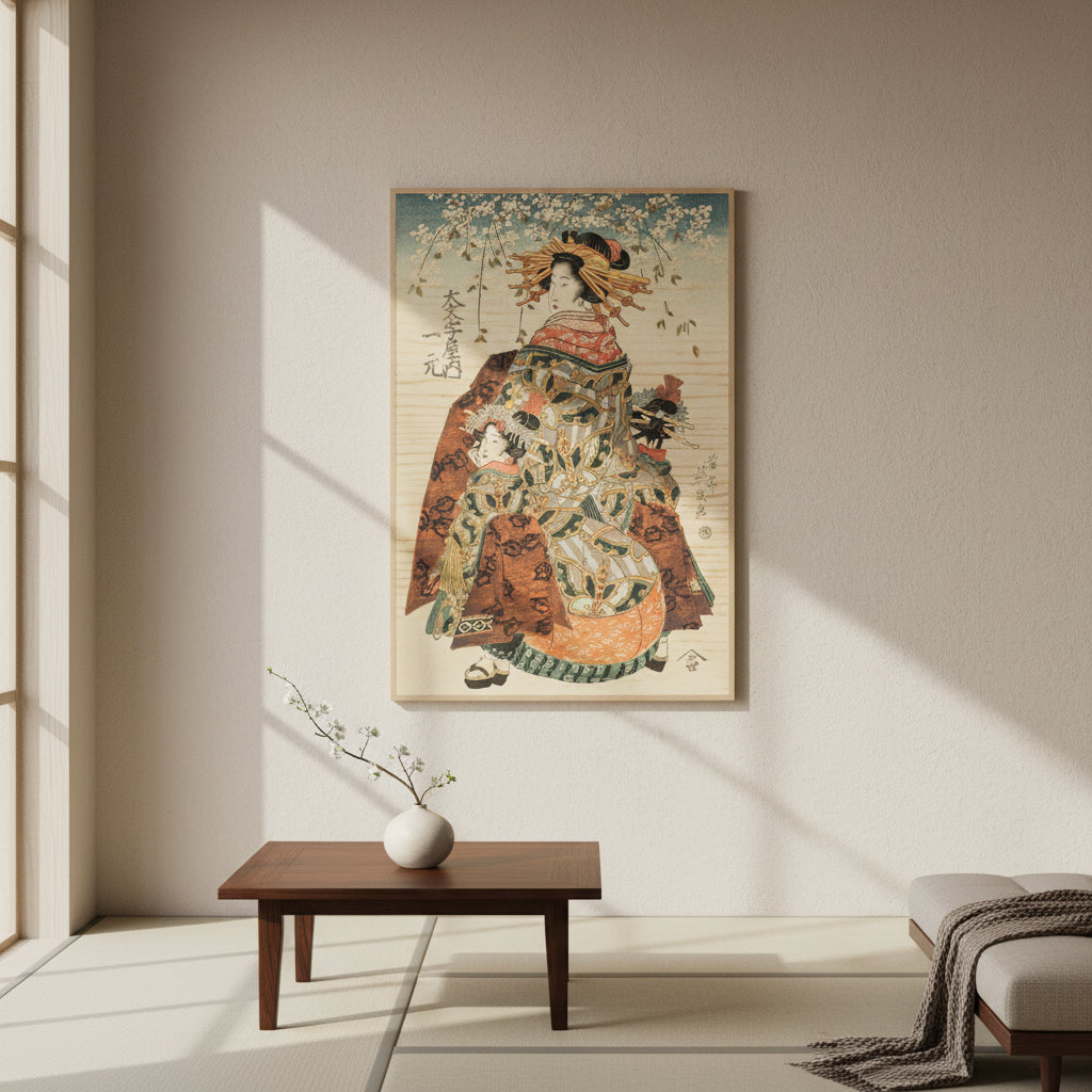 Traditional Japanese artwork featuring two women in elaborate kimonos with cherry blossoms in the background.