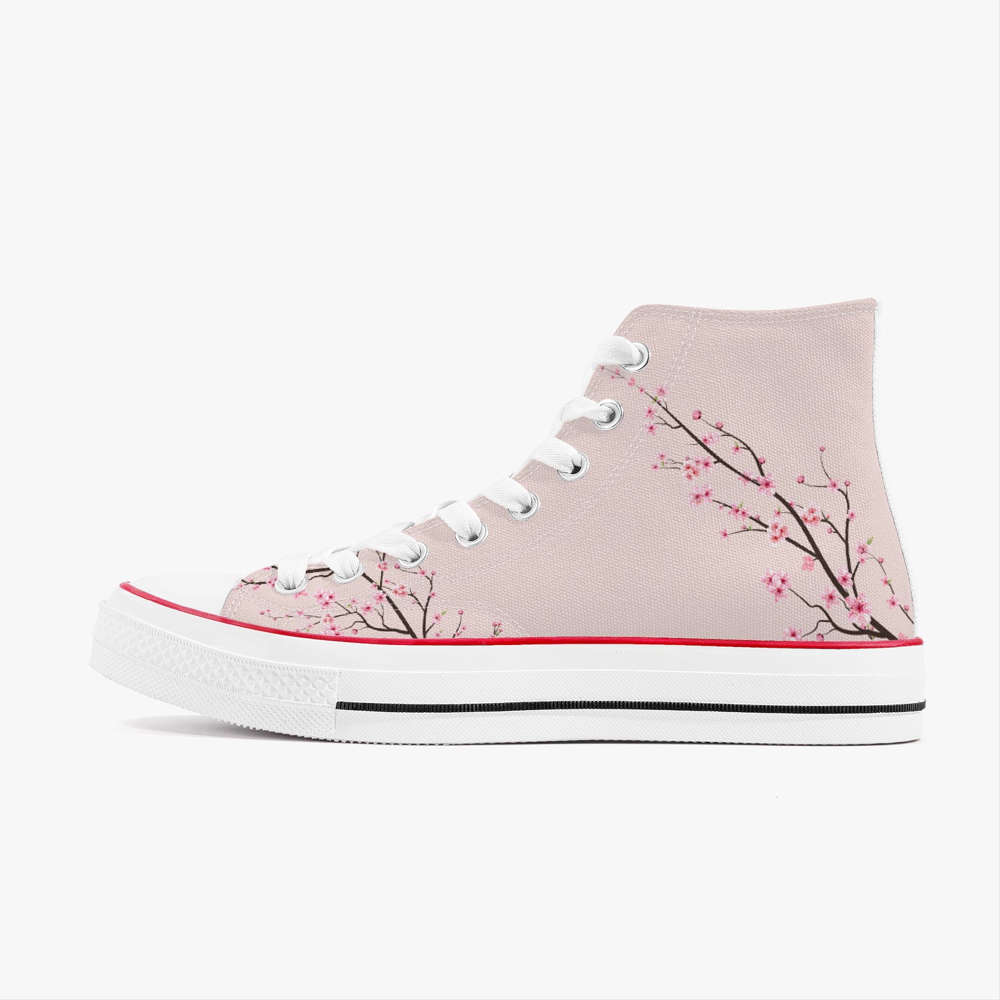 Pink high-top sneaker with cherry blossom design on a white background
