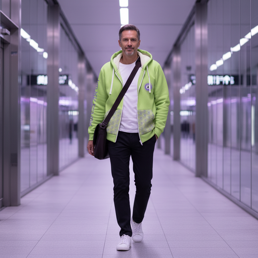 Man wearing a bright green hoodie in a modern indoor setting