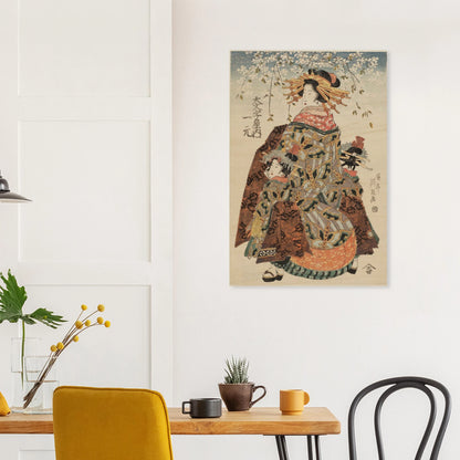 Room interior with a table, chairs, and a large wall art piece of a traditional Japanese scene.