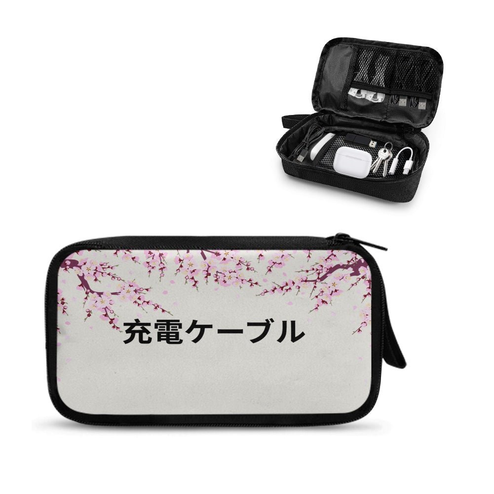 High-definition Japanese tech pouch featuring elegant black Kanji script surrounded by blooming pink Sakura petals.