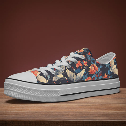 Floral patterned sneaker on a wooden surface with a brown background