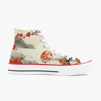 High-top sneaker with floral and mountain design on a white background