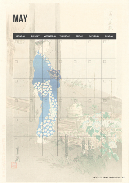 Calendar for May with a design of a woman in a kimono on a beige background Printable monthly calendar page featuring a classic Ukiyo-e Japanese woodblock print background.