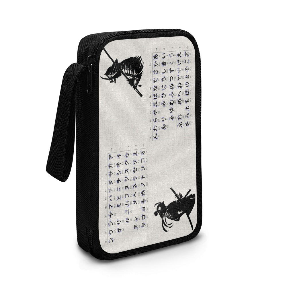 Black pouch with Japanese text and illustrations on a white background