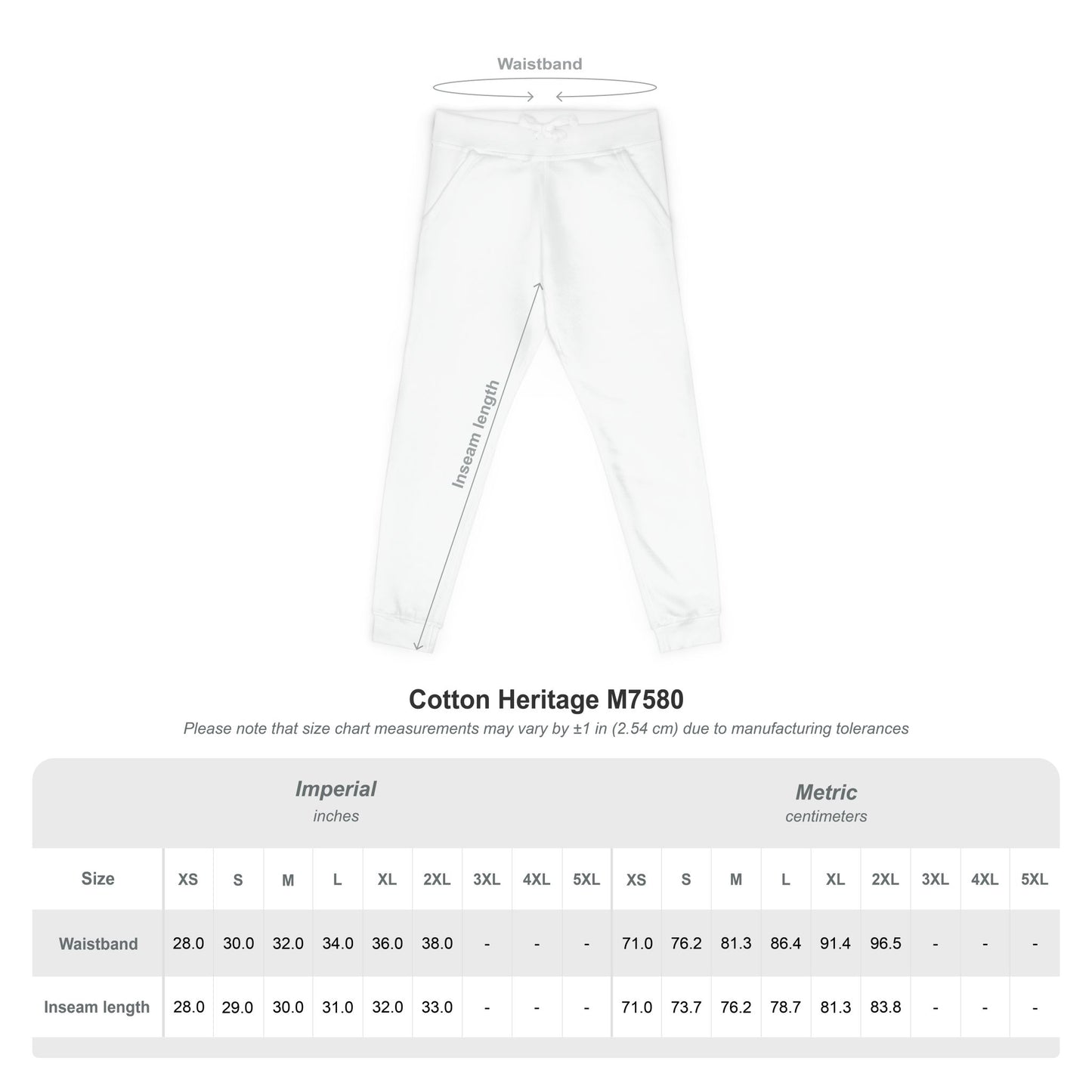 White pants with waistband measurement and size chart on a white background