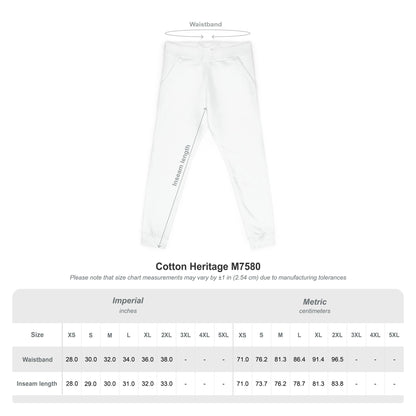 White pants with waistband measurement and size chart on a white background