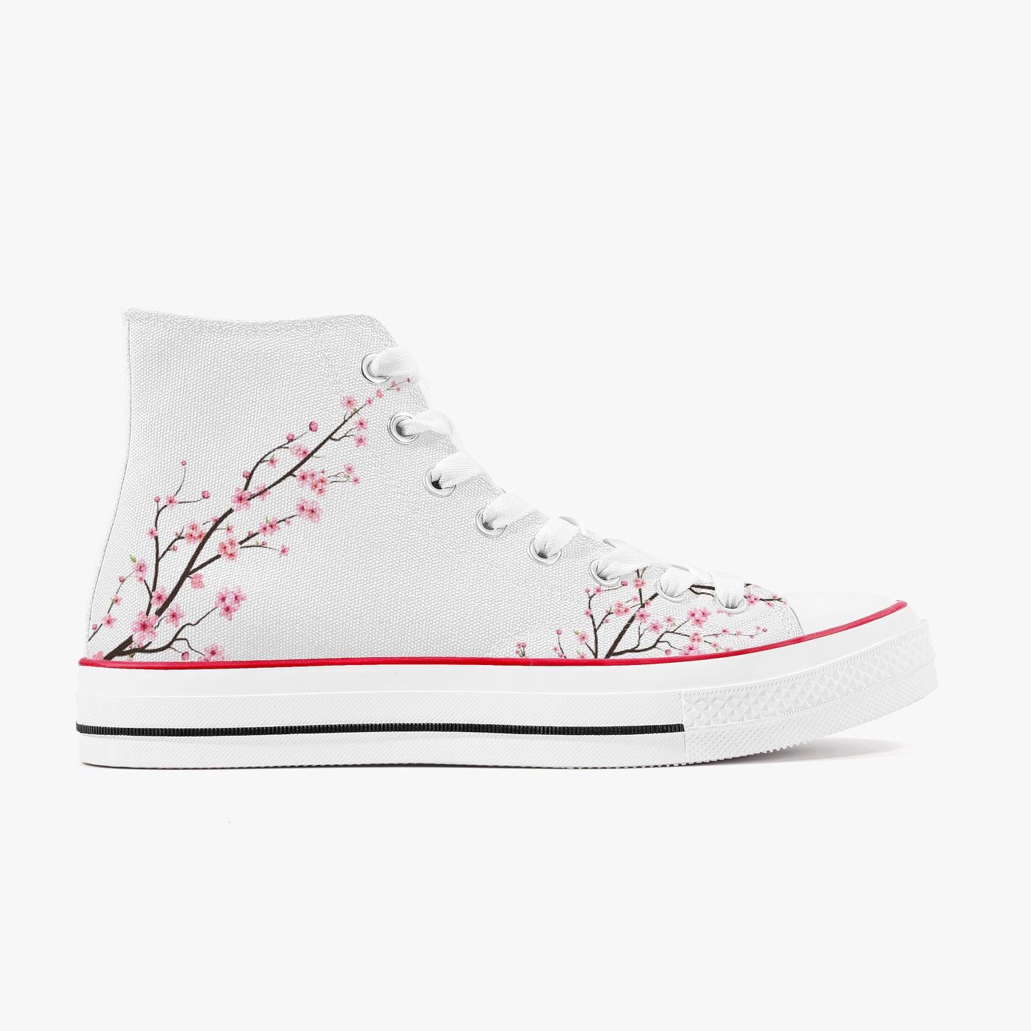 White high-top sneaker with cherry blossom design on a white background