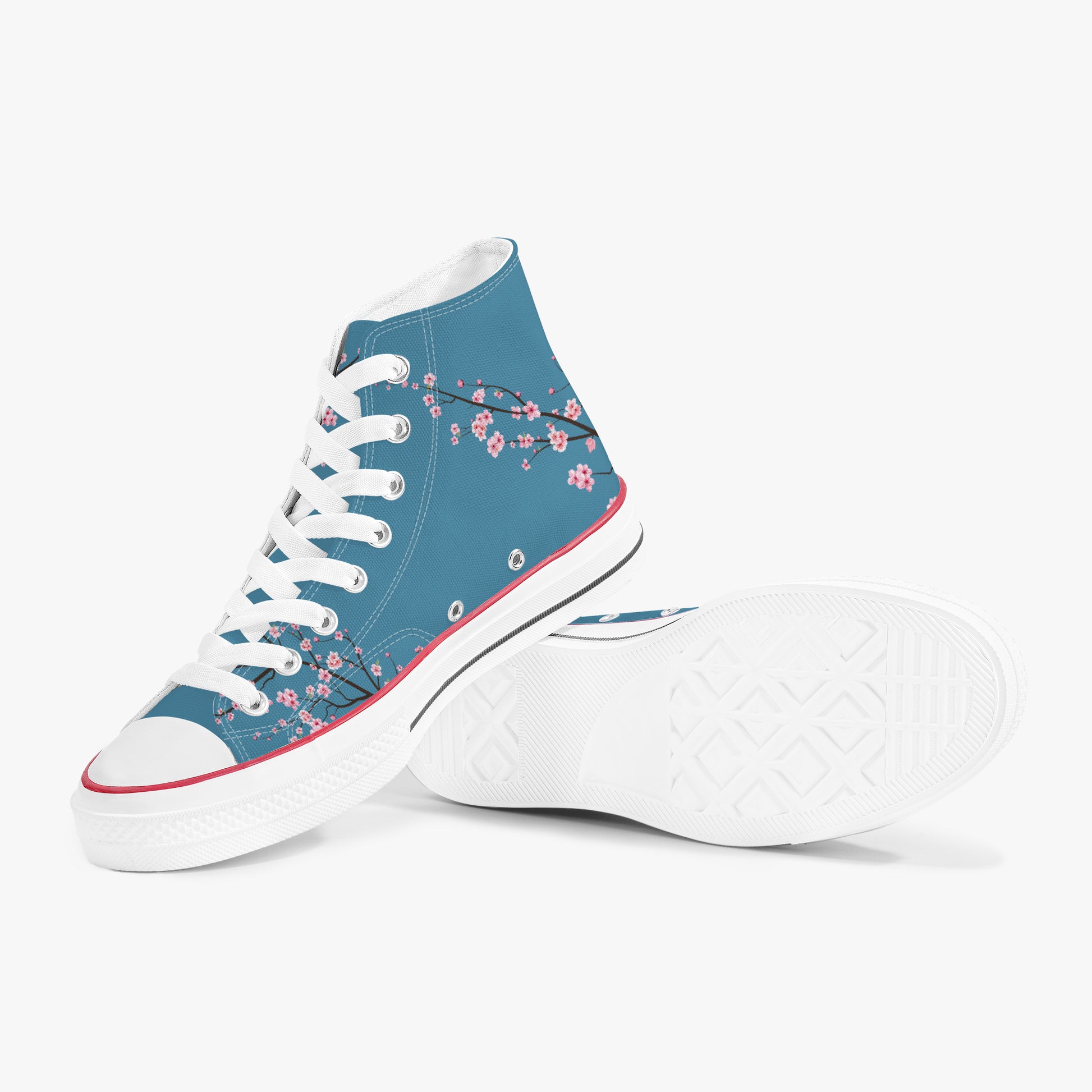 Blue high-top sneakers with floral design on a white background