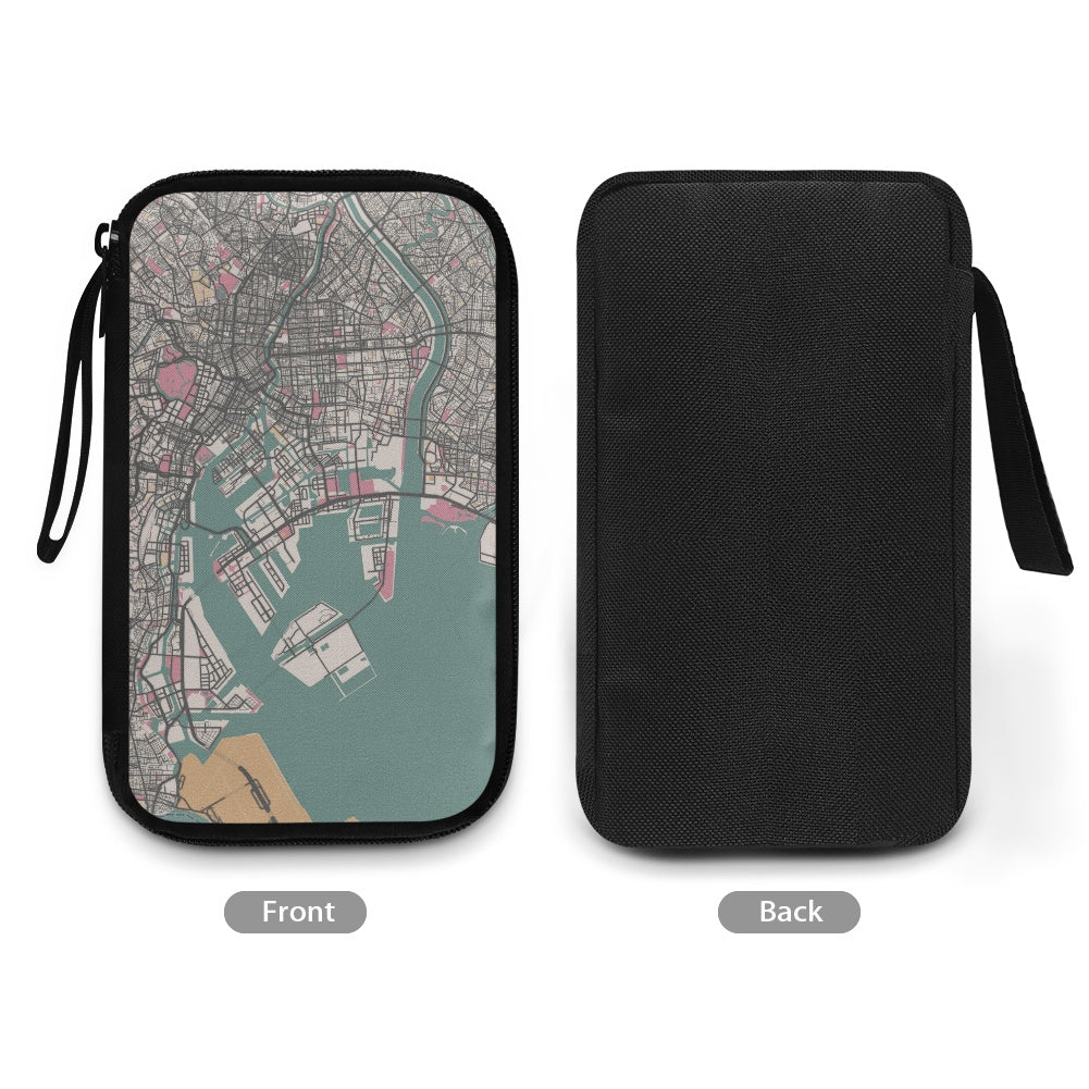 Two views of a case with a map design on the front and plain black back.