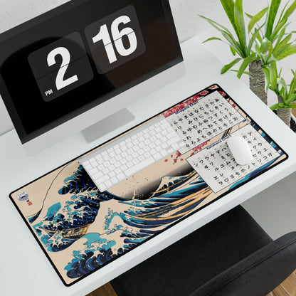 Desk setup with a large desk mat featuring a wave design, keyboard, and computer monitor.