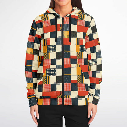 Person wearing a colorful patchwork shirt on a white background