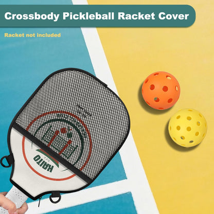 Crossbody pickleball racket cover with two balls on a colorful background