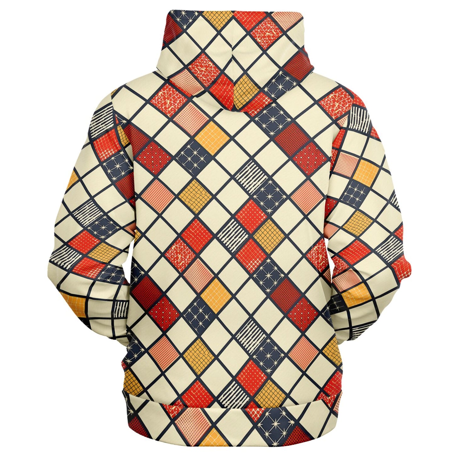 Hoodie with a colorful geometric pattern on a white background