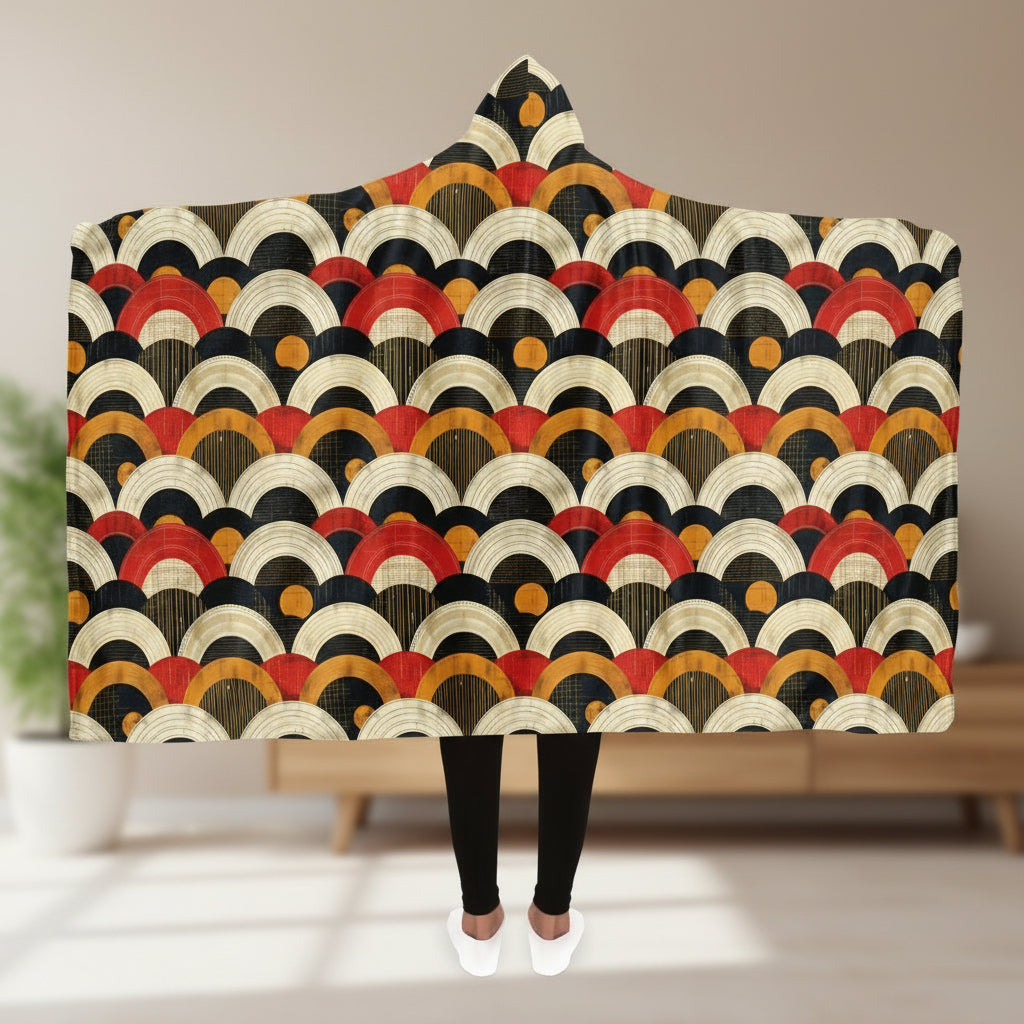 Hooded blanket with a colorful geometric pattern on a white background
