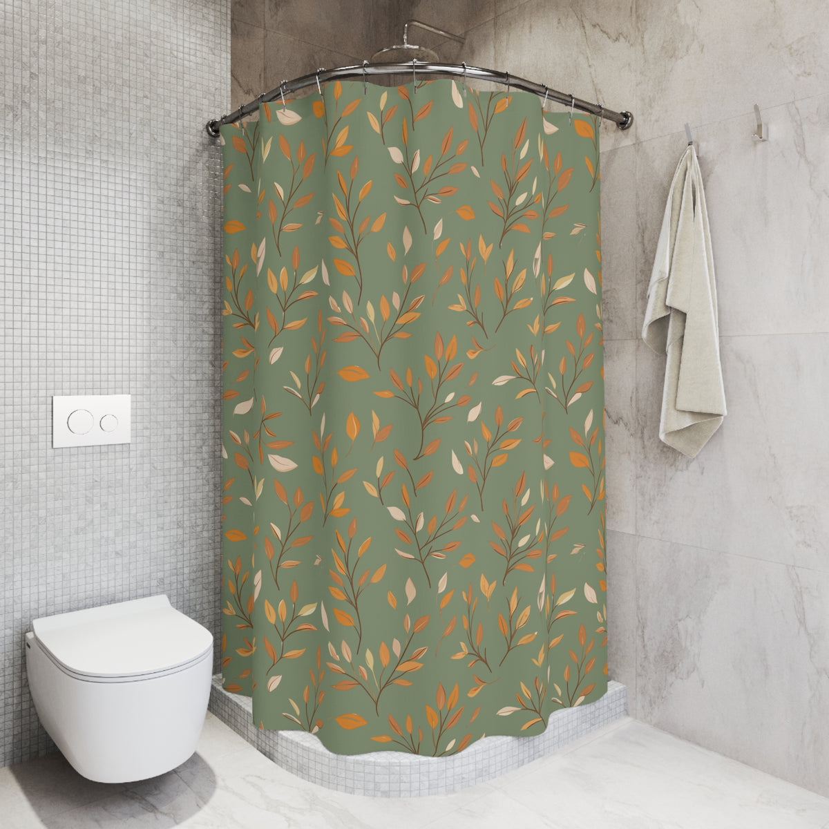 Shower curtain with geometric pattern in a bathroom setting