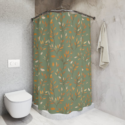 Shower curtain with geometric pattern in a bathroom setting