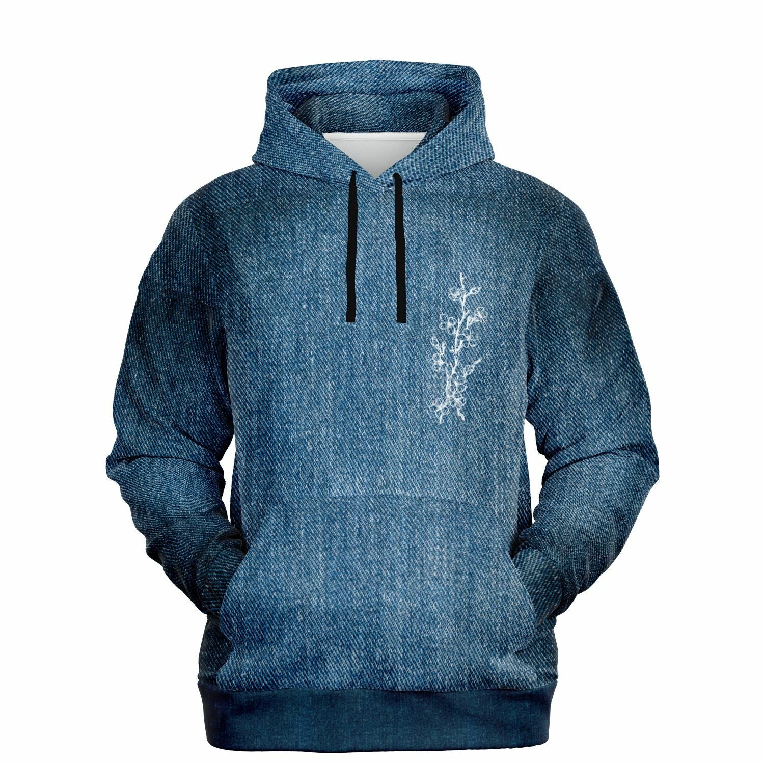 Blue hoodie with white floral design on a white background