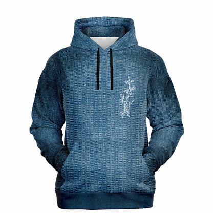 Blue hoodie with white floral design on a white background