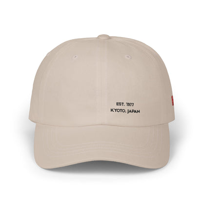 Beige cap with text on a white background