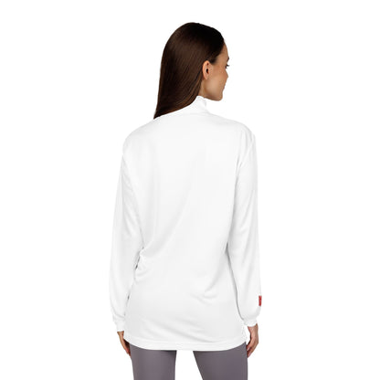 Woman wearing a white long-sleeve shirt on a white background
