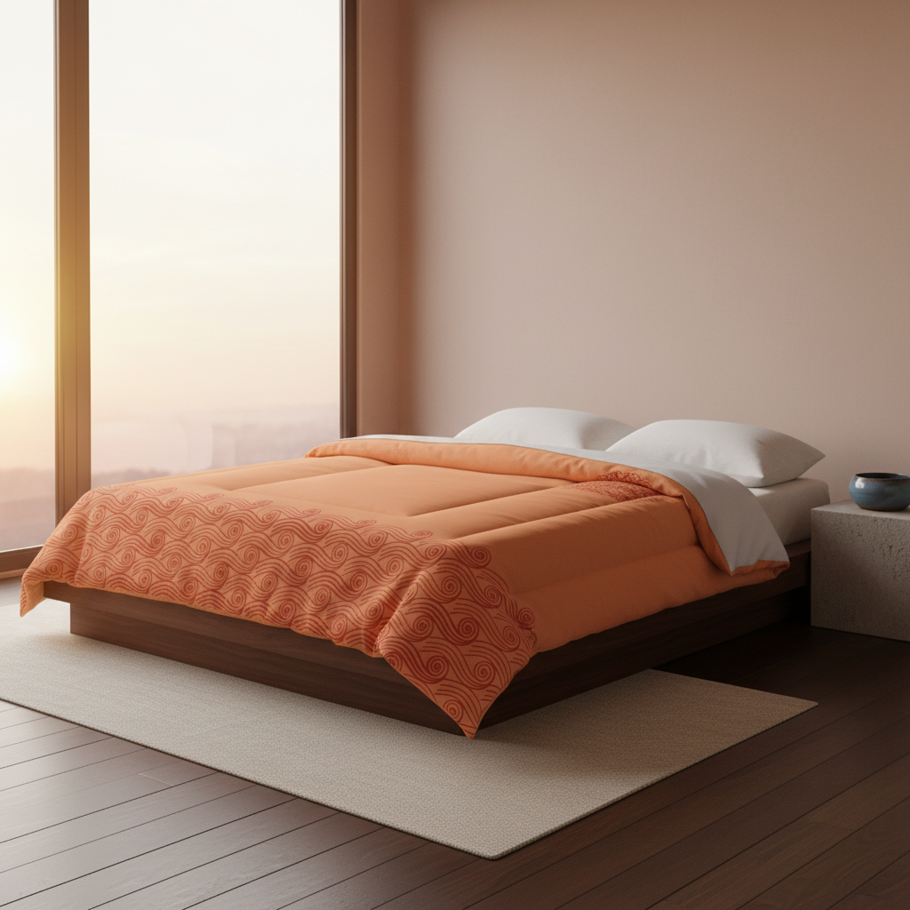 KAITO1977 Japanese Seigaiha wave patterned brushed microfiber comforter in blue and gold with a soft white underside and double-square quilting.