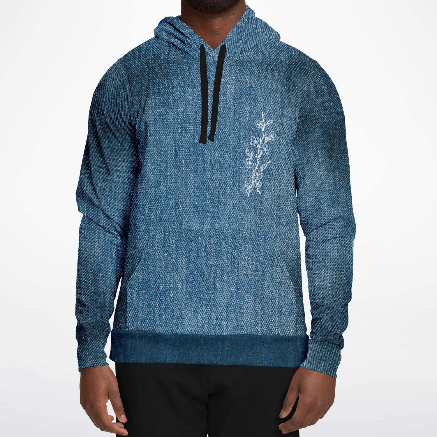 Blue textured hoodie with a subtle design on a white background