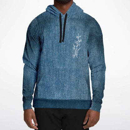 Blue textured hoodie with a subtle design on a white background