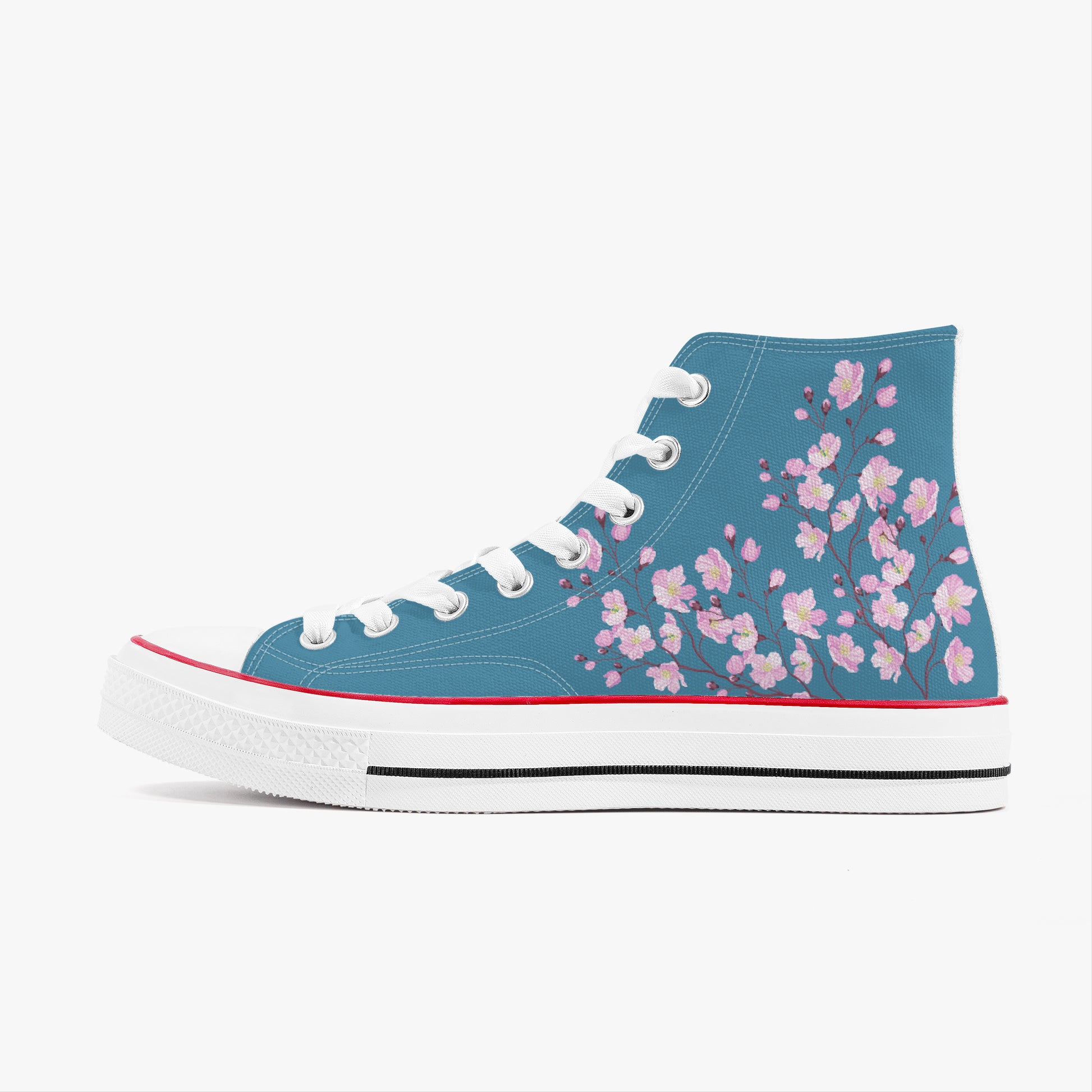 Blue high-top sneaker with pink floral pattern on a white background