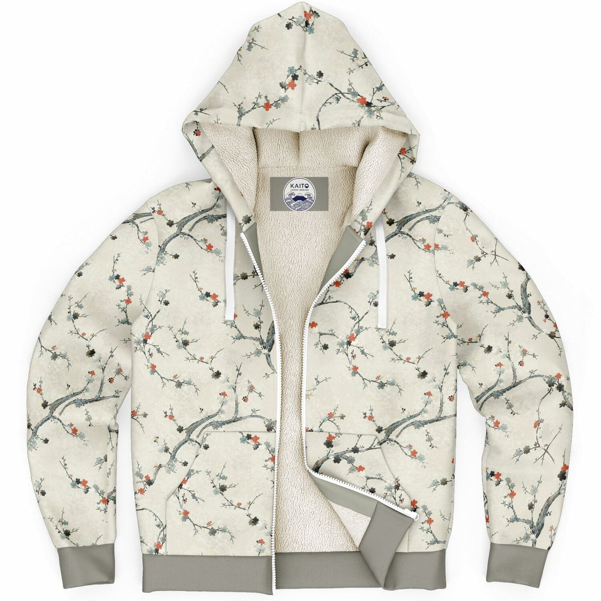 A zip-up hoodie with a beige and white floral branch print, featuring a soft cream fleece lining and gray ribbed cuffs and hem.