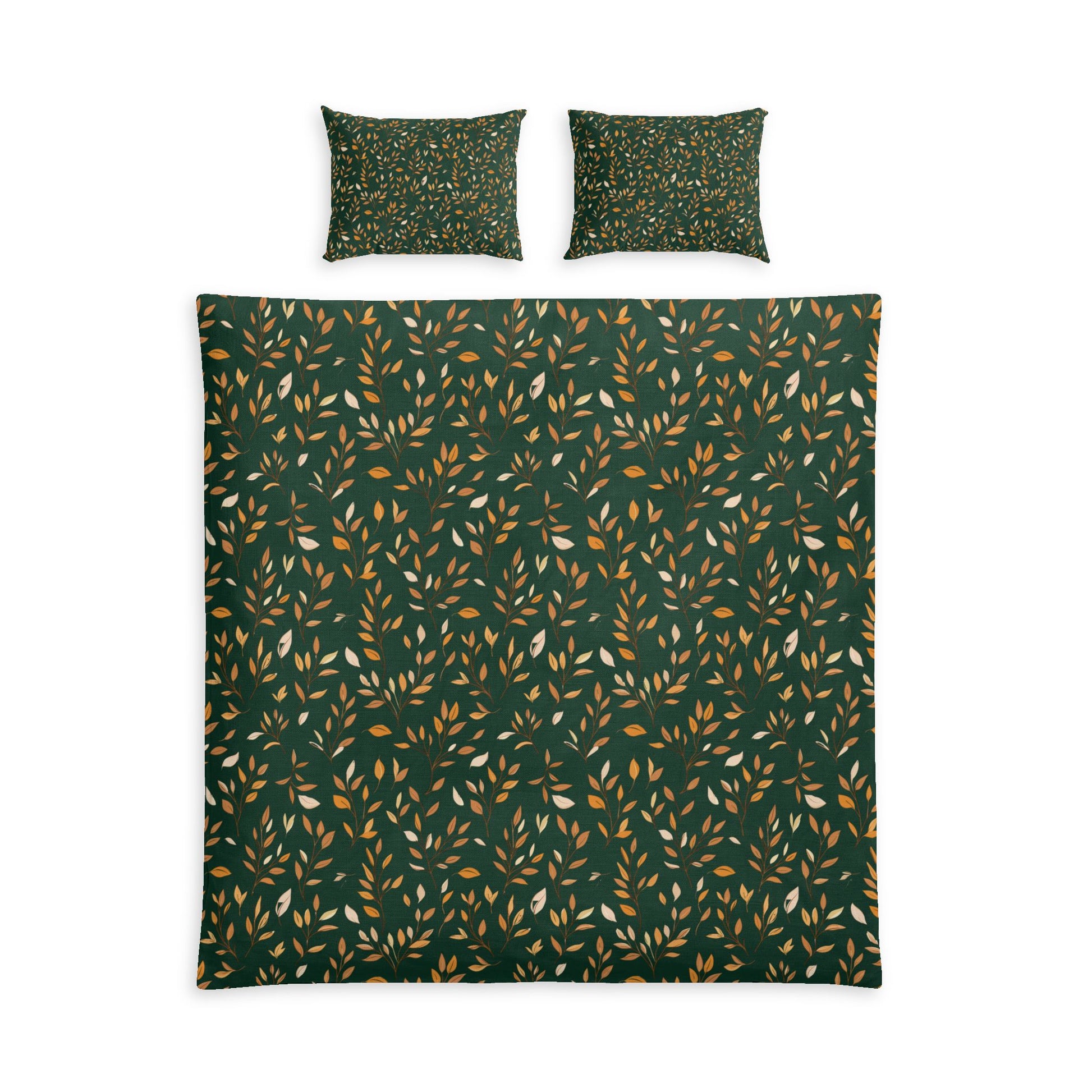 Blue patterned bedding set with two pillows on a white background