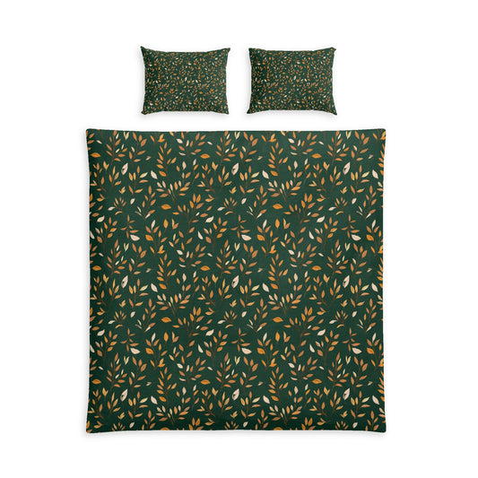 Blue patterned bedding set with two pillows on a white background