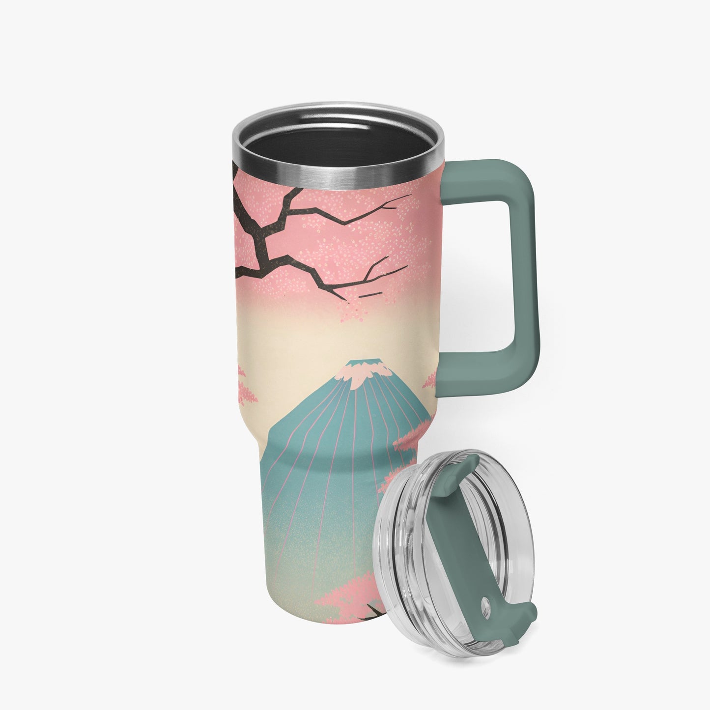 Fuji Dreams Car Tumbler Cup grey green Handle