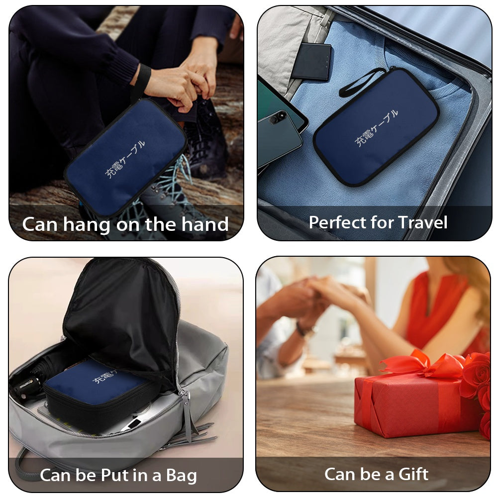 Collage of a blue pouch being used, placed in a bag, and as a gift.