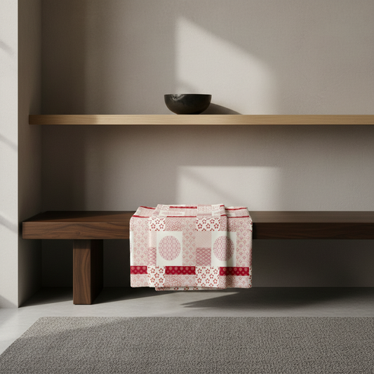 Patterned box on a wooden bench with a bowl on a shelf in a minimalistic room.