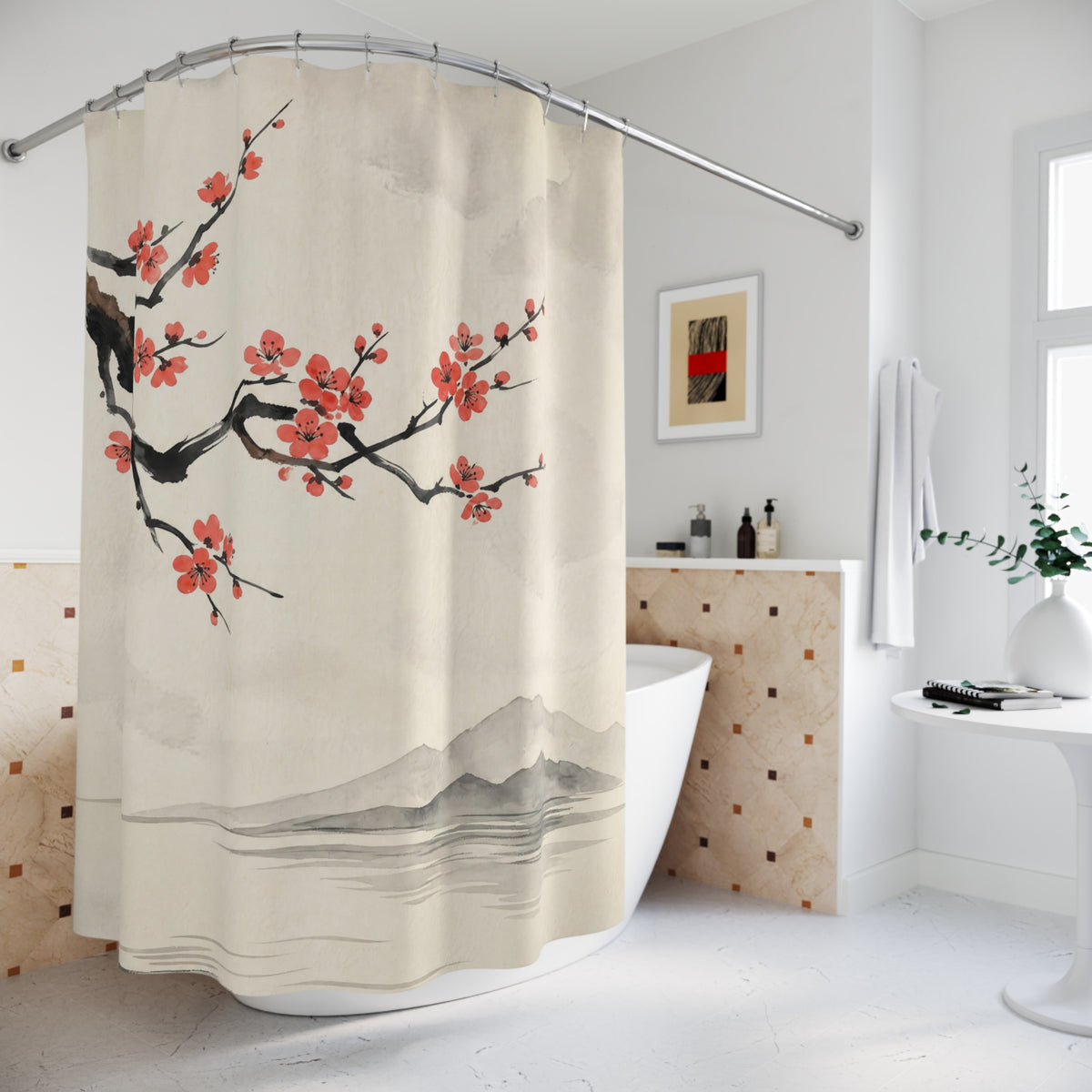 A beige shower curtain with a traditional-style print of red cherry blossoms and black branches, hanging over a white bathtub in a bright, modern bathroom.