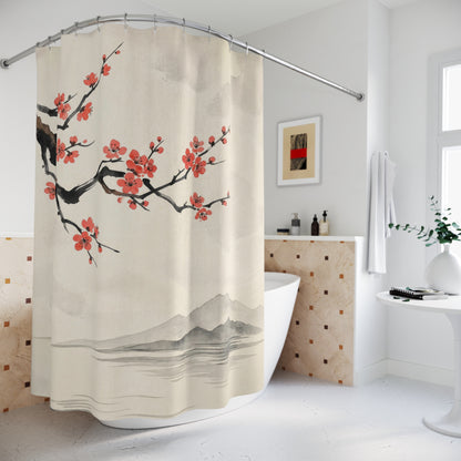 A beige shower curtain with a traditional-style print of red cherry blossoms and black branches, hanging over a white bathtub in a bright, modern bathroom.