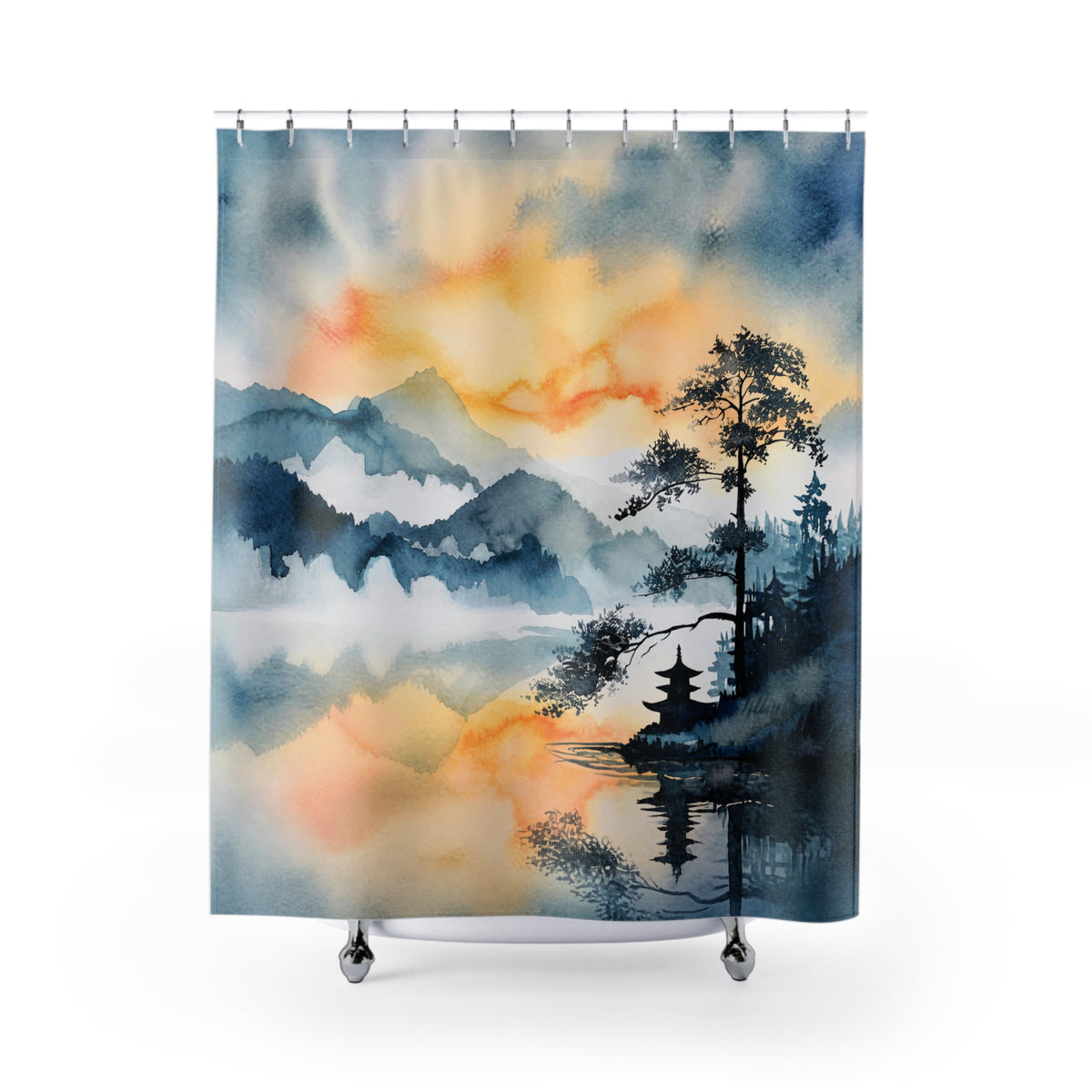 Watercolor-style shower curtain featuring a scenic landscape with misty mountains, a lone tree, pagoda, and reflective water in blue, gray, white, and warm orange tones, shown hanging on a white background.