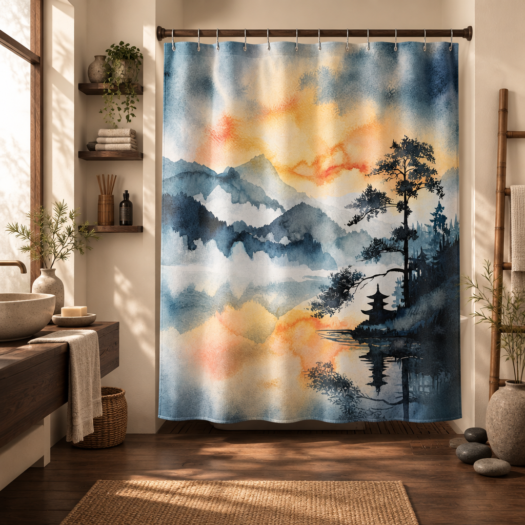 A watercolor-style shower curtain hanging in a styled bathroom. The curtain features a scenic landscape with blue and gray mountains, a pagoda, trees, and warm orange-yellow clouds reflected in water.