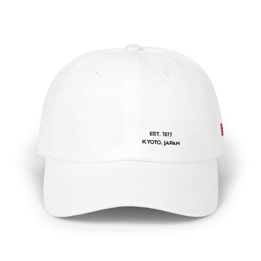 White baseball cap with text on a white background